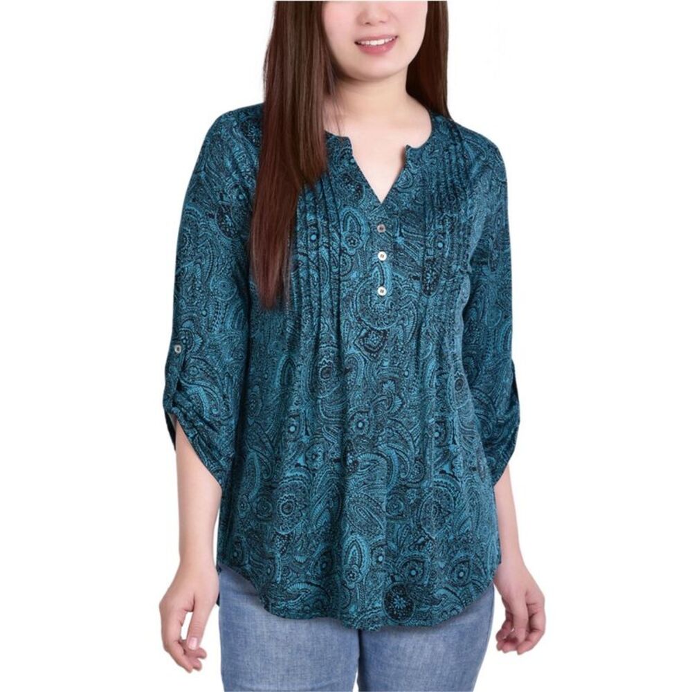 NY Collection Womens Printed Pintuck Henley Shirt, , Petite, P/PS, DM